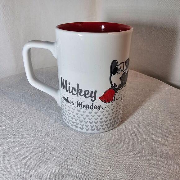 Disney Parks Ceramic Coffee Mug "Mickey Makes Monday Feel Like Friday" Red White - Picture 2 of 4